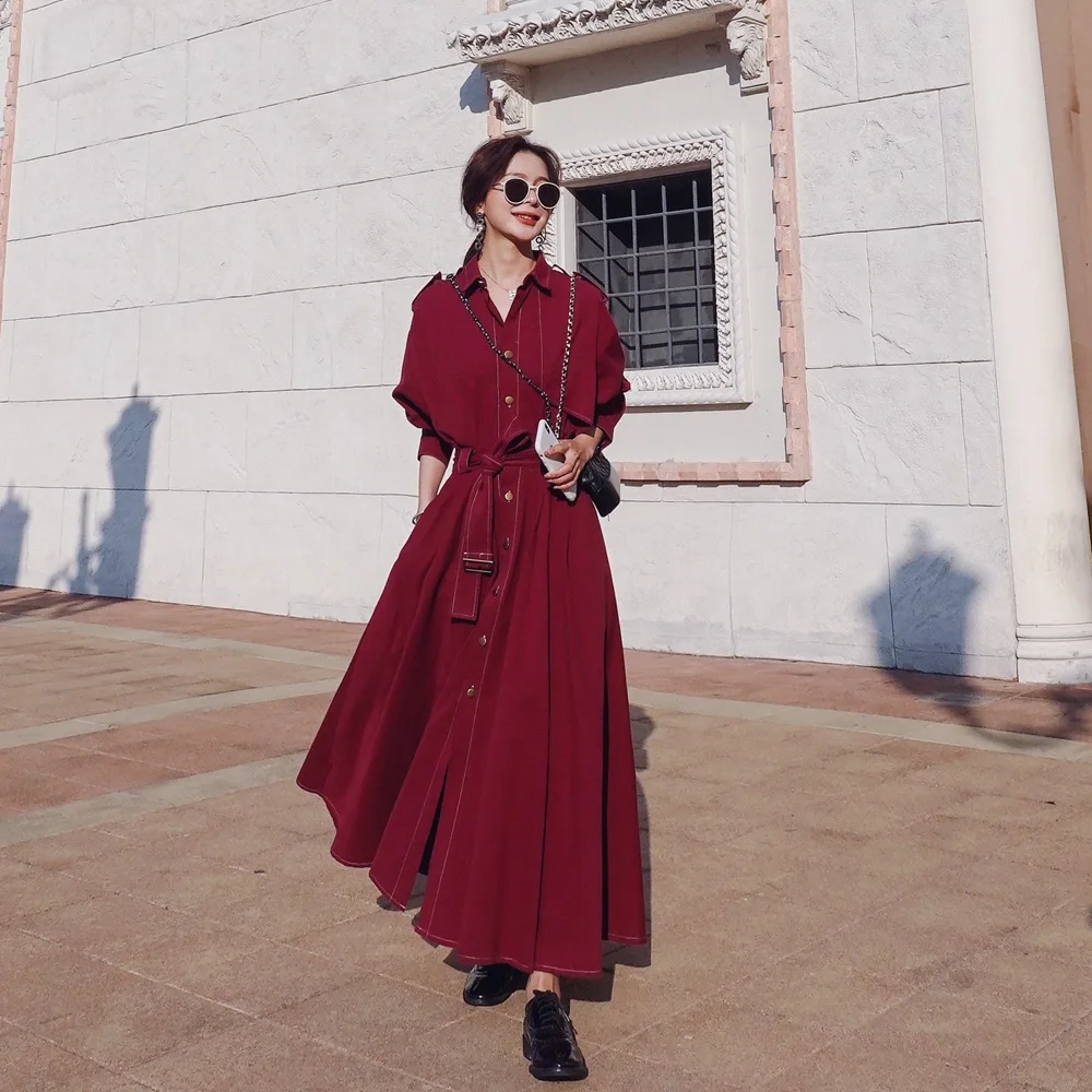 

Photo Shoot France Small Congregation Hem Waist Hugging Long Trench Coat 2020 Spring New Style Retro Laziness-Style Dress Women'