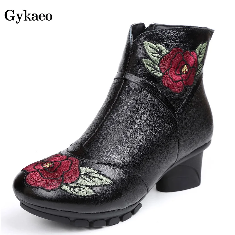 

Gykaeo 2019 Vintage Style Genuine Leather Women Boots Mid Heels Booties Soft Cowhide Women's Shoes Zip Ankle Boots Zapatos Mujer
