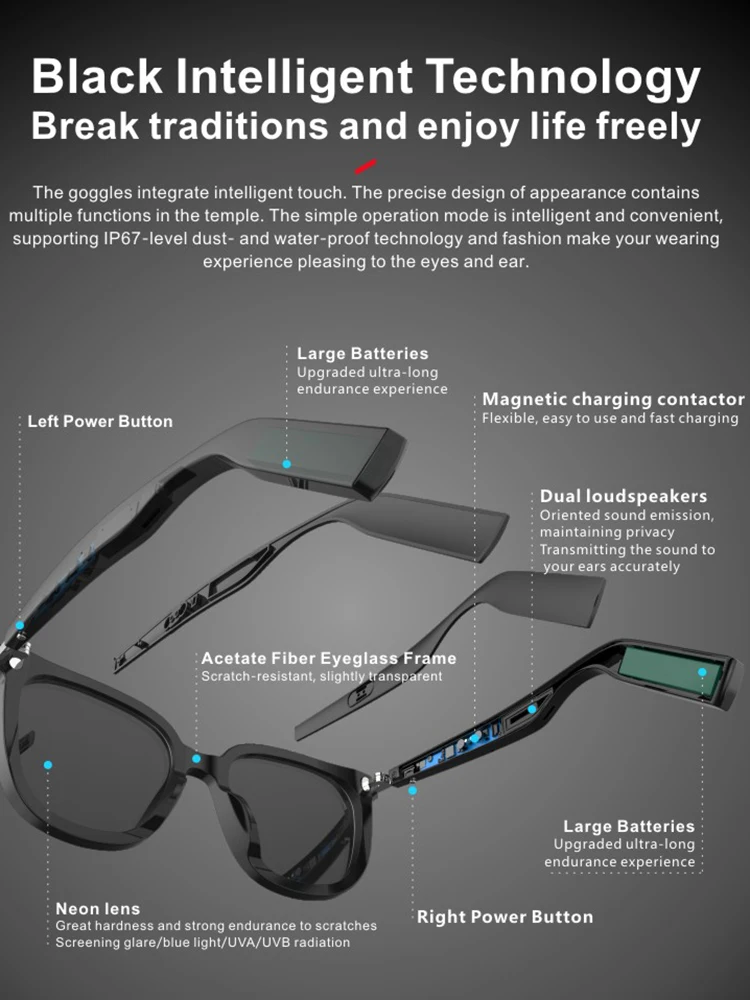 Bluetooth 5.0 Smart Glasses IP67 Waterproof TWS