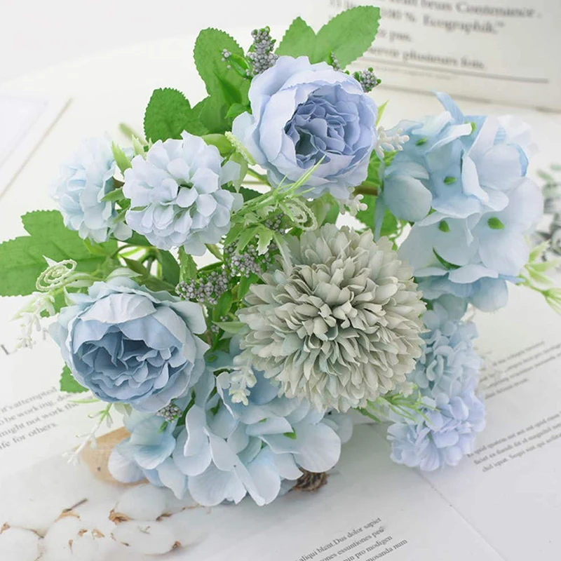 Artificial Flowers, Fake Peony Silk Hydrangea Bouquet Decor Plastic Carnations Realistic Flower Arrangements Wedding Decoration
