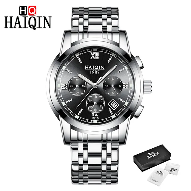 HAIQIN 2019New кварцевые роскошные спортивные мужские часы из нержавеющей стали повседневные деловые модные водонепроницаемые часы с хронографом Reloj Hombre - Цвет: S-silver black