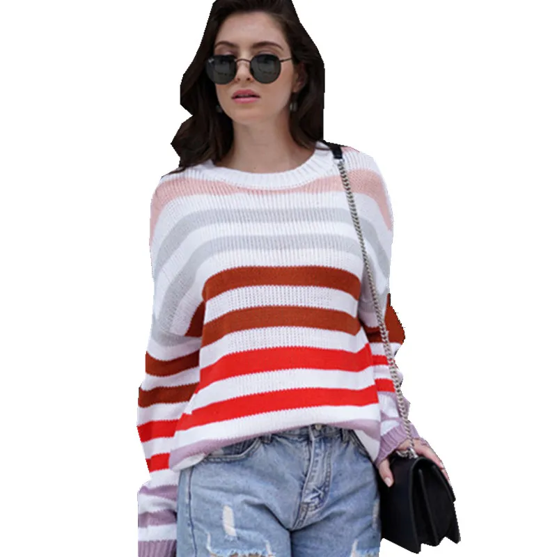 

Color Stripe Sweater Top Winter Contrast Color Long Sleeve Pullover Knitted Pink Sweaters Jumpers Ladies Cashmere E2014