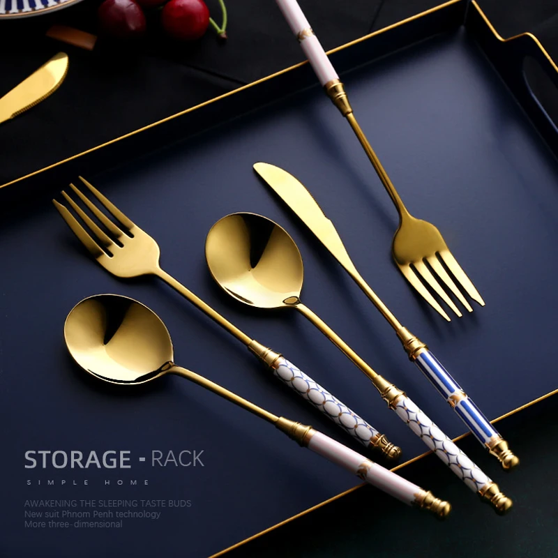 Description Picture 2 of item3Pcs/set Retro-style Ceramic Handle Dinnerware Sets 304 Stainless Steel Luxury Knife Fork Spoon Gold Flatware Cutlery Set