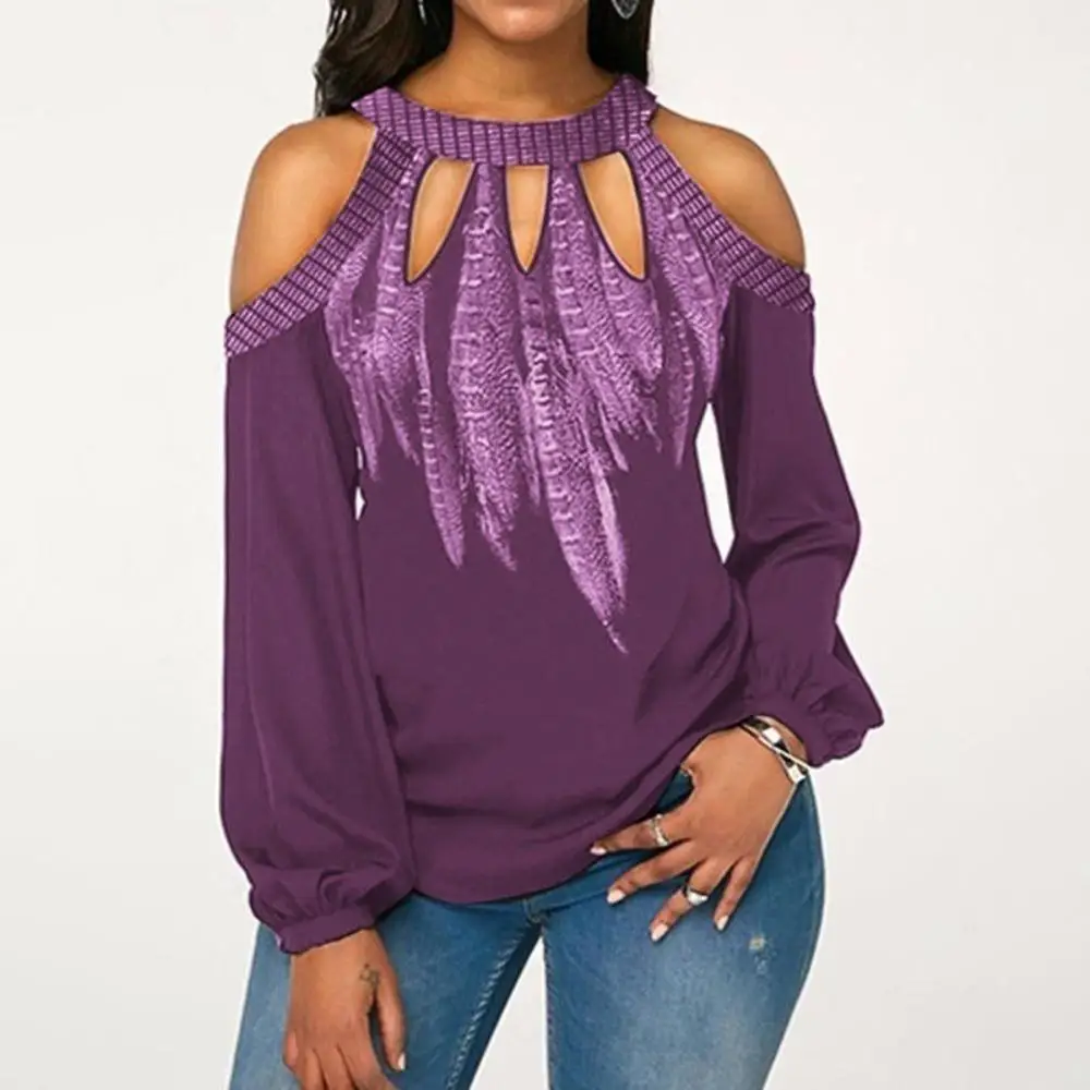 Горячая Мода размера плюс с принтом перьев женская блузка с открытыми плечами с длинным рукавом шифоновая рубашка с круглым вырезом шифоновая женская блузка S-5XL - Цвет: Фиолетовый