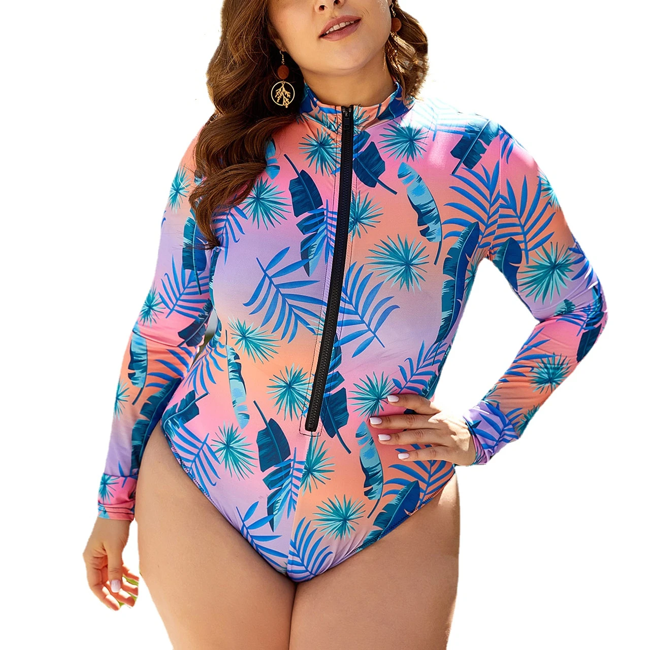 

Purple Sport Zipper Long-sleeved Triangle One Piece Swimsuit Sexy Print Leaf Swimwear Large Size Bathing Suit Women Beach Bather