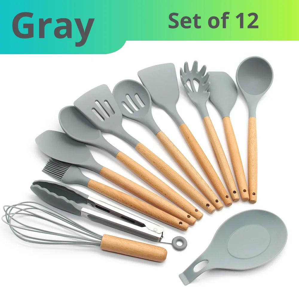 Gray set of 12 Leeseph силиконовая кухонная утварь набор кухонной посуды-натуральные деревянные ручки инструменты для приготовления пищи для антипригарной посуды - Цвет: Gray set of 12