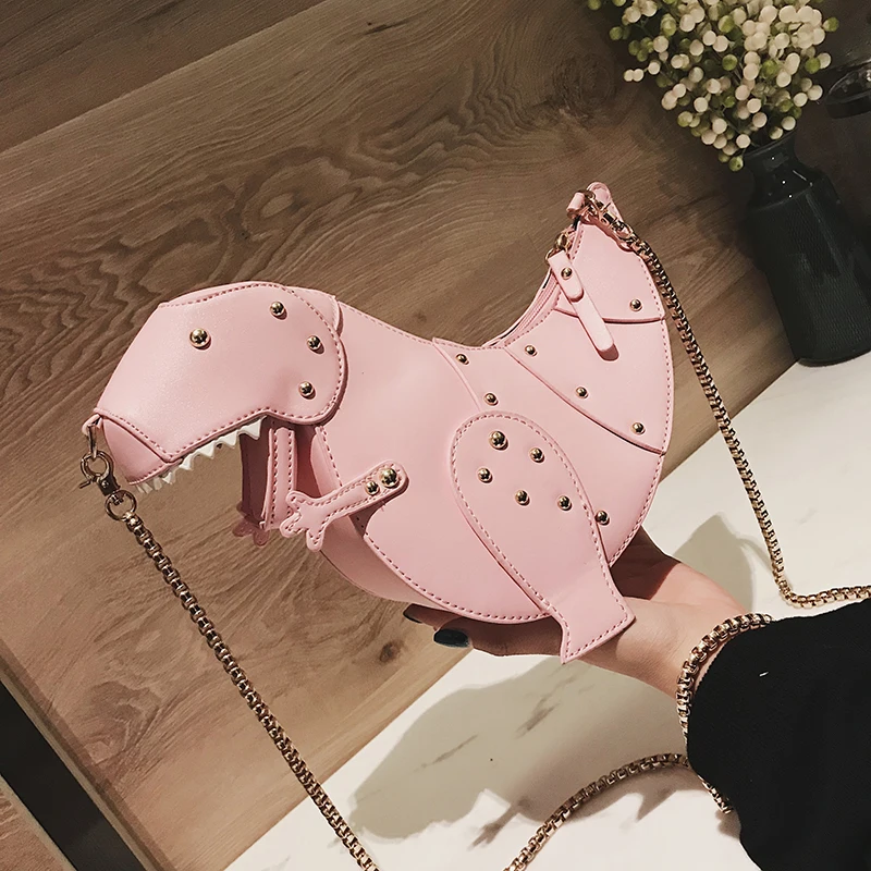 Pink Забавные 3D с мультяшными рисунками животных «динозавр», Стегозавр T-Rex в парк развлечений сумка на заклепках и с цепочкой; повседневная женская рюкзак bolsa mochila dinosaurio сумочки для девушек - Цвет: Pink