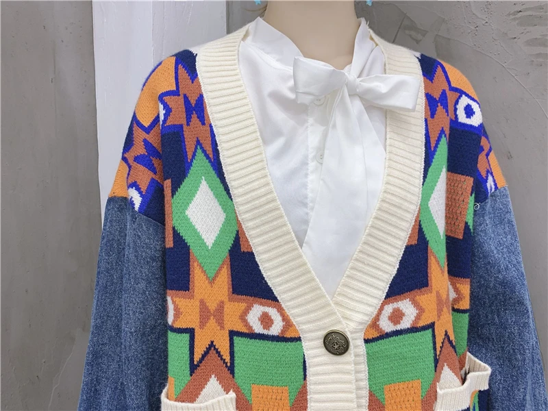 Женское вязаное пальто, Осень-зима, Harajuku, корейский стиль, девичий, винтажный, короткий, свободный, геометрический, джинсовый, комбинированный кардиган, свитера