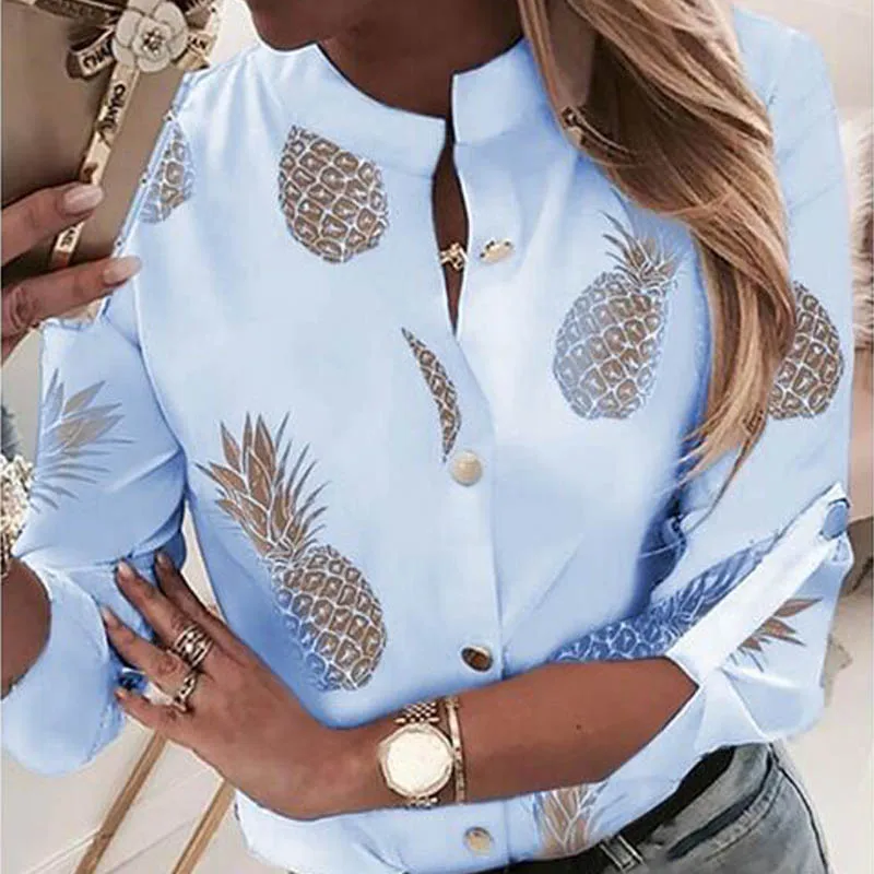Viensta 5XL сексуальная блуза с v-образным вырезом и цепным принтом женская рубашка размера плюс с длинным рукавом для работы и офиса элегантная Осенняя блузка - Цвет: Pineapple Blue
