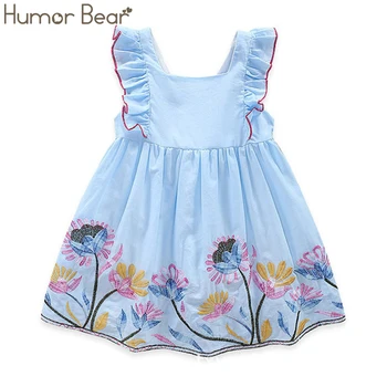 

Humor Bear Baby Girls Dresses 2020 New Summer Embroidered Sweet Flower Back Bow Princess Dress Children's Clothes Party Dress