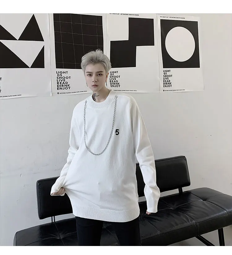 Для мужчин железная цепь Slim Fit Вышивка с О-образным вырезом, вязаный пуловер, свитер для мужчин Для женщин уличная одежда в стиле «хип-хоп», подошва пара свитер Harajuku