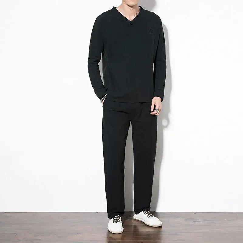 Однотонные мужские комплекты s, футболки, штаны, плюс размер 5XL 4XL, льняной топ с длинными рукавами+ штаны, Мужская одежда, комплект, винтажная мужская одежда - Цвет: Black Tracksuit Set