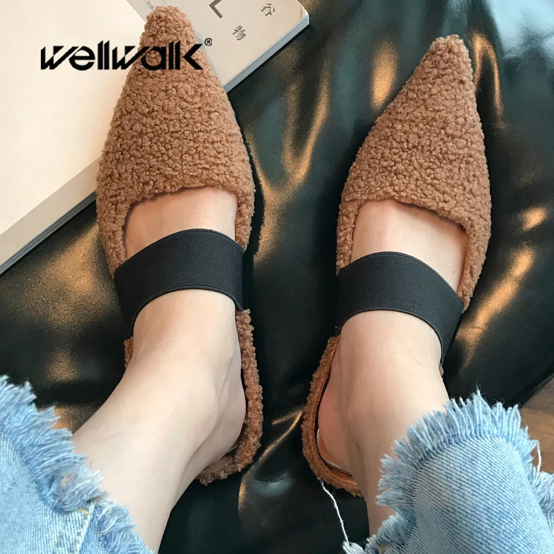 

Fur Slides Women Flat Mule Slippers Unicorn Black Elastic Band Pointed Toe Slip On Ladies Autumn Winter Furry Home Shoes 2019