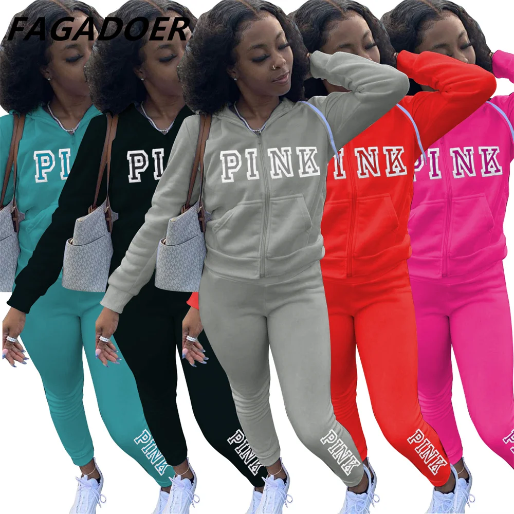 2021 Casual Tracksuits Women Solid Two Piece Set Plus Size Pink Letter Embroidery Zipper Hoody Coat + Pants Sets Joggers |
