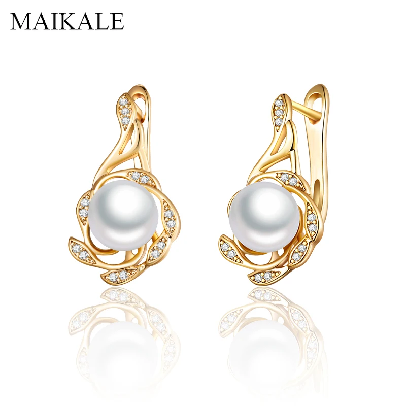 MAIKALE, новые модные серьги с цветком и жемчугом для женщин, золотые серебряные серьги-гвоздики, циркониевые серьги-гвоздики с жемчугом, вечерние ювелирные изделия, подарки