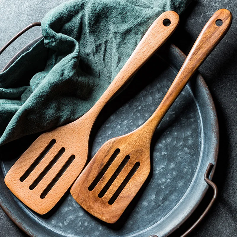 Set of 2Pcs Cooking Spatulas Natural Wood Spatula Set Long Handle Kitchen Spatula Turner Pancake Shovel Wooden Cooking Utensils