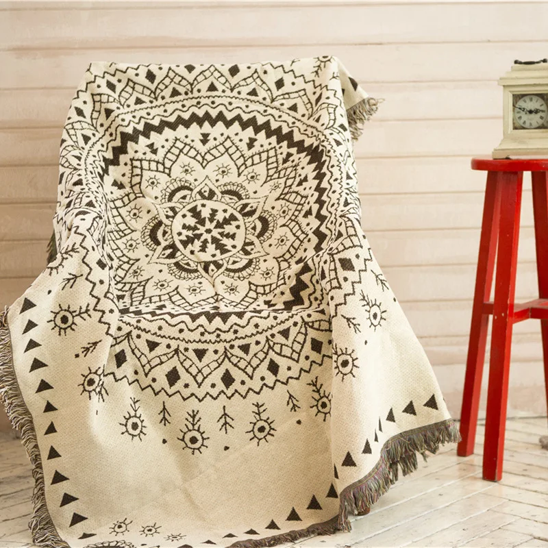 

American ethnic style cotton sofa cover dust cover single double thick sofa towel line blanket totem