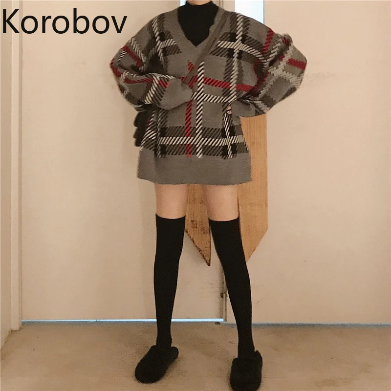 Korobov корейский осенне-зимний Винтажный клетчатый свитер шикарный Свободный Повседневный пуловер с v-образным вырезом и длинными рукавами Sueter Mujer вязаный Топ 78730