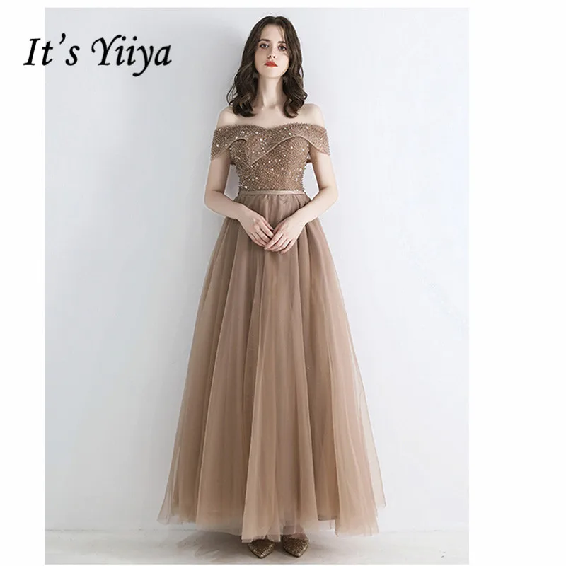 

It's Yiiya Evening Dress 2019 Plus Size Boat Neck Off Shoulder A-Line Dresses Elegant Crystal Women Party Long Formal Gown E1052