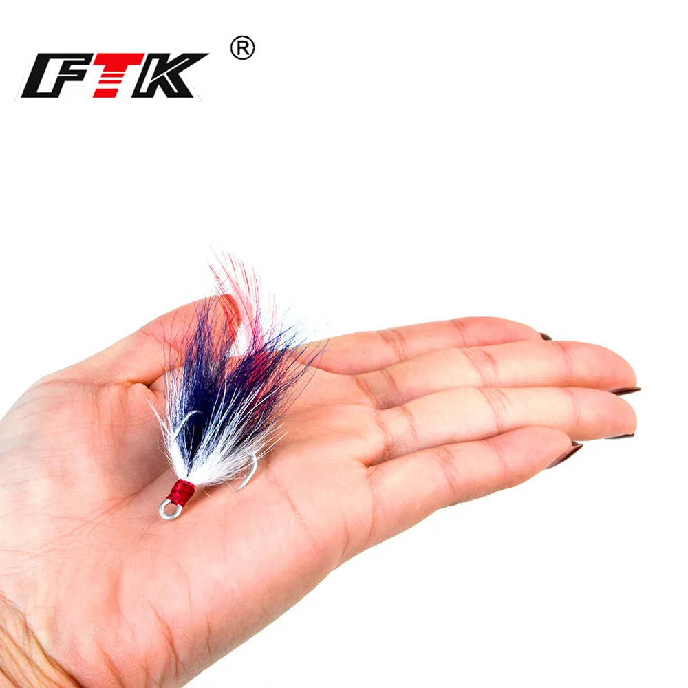 FTK 1/2/4/6# Tin Plating High Carbon Steel Treble Hooks With Hair Hard Lure Fly Fishing Tackle Round Triple Sea Fishing Hook
