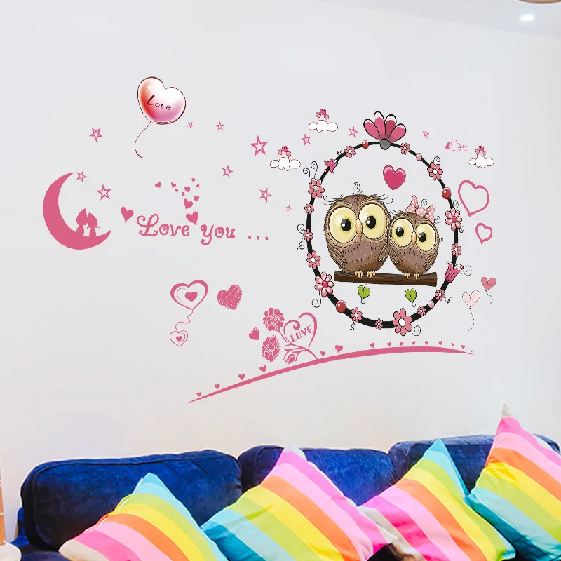 Pink love Wall stickers happy removable waterproof cartoon animals owl wall sticker kids home decor backgrounds for living room
