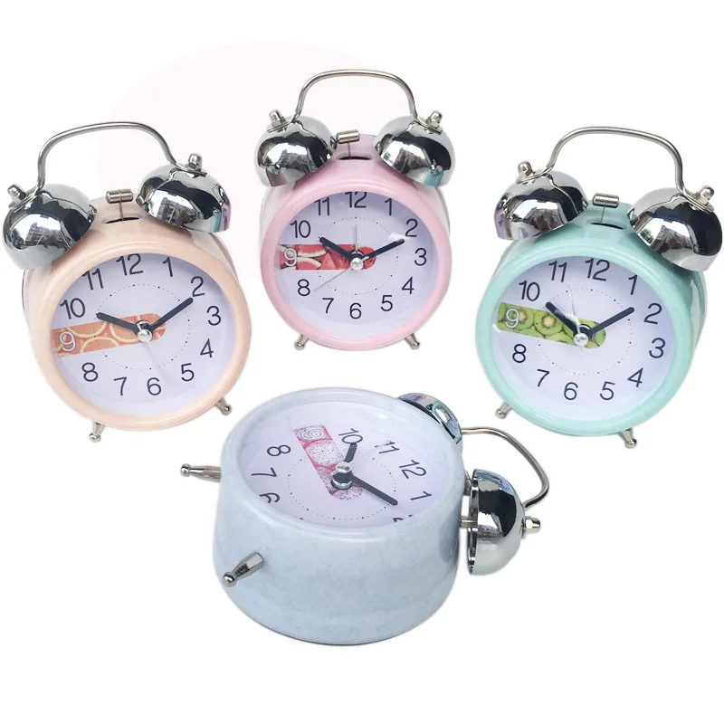 

3 inch jade pattern metal bell square alarm clock mute with night light