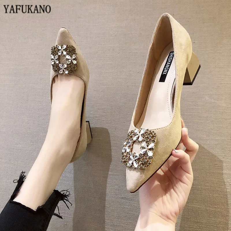 Elegant Rhinestone Decoration Women Pumps 2020 New Chunky Heel High Heels Fashion Suede MidHeel Shallow Mouth Work Single Shoes Elegant Rhinestone Decoration Women Pumps 2020 New Chunky Heel High Heels Fashion Suede MidHeel Shallow Mouth Work Single Shoes