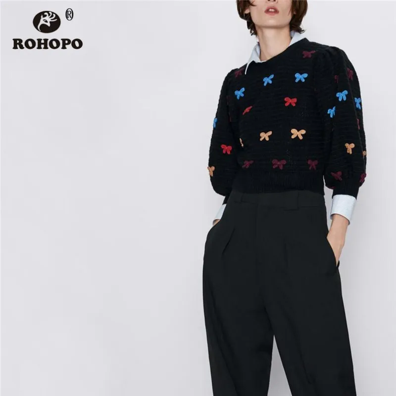 ROHOPO жаккардовая цветная кофта-бабочка Круглый воротник фонарь длинный рукав