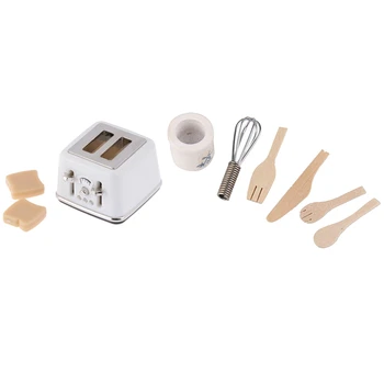 

2 Set 1/12 Miniature Dollhouse Accessories: 1 Set Dinnerware Set Eggbeater Knife Fork & 1 Set Bread Machine with Toast
