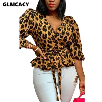 

Women Half Sleeve V Neck Peplum Leopard Tops Elegant Autumn Blouses Shirt Classy Chic OL Workwear Streetwear