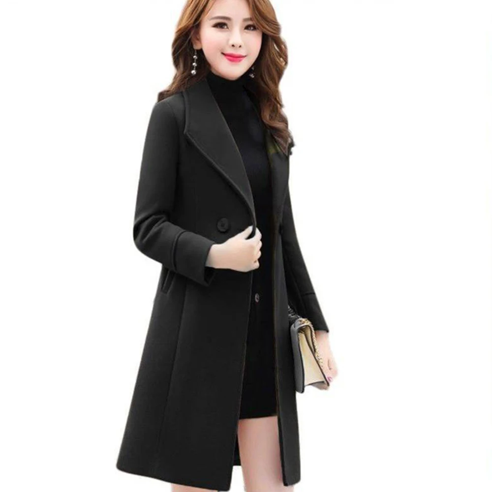 

2020 Korea Women Autumn Winter Breasted Long Ladies Long Sleeve Notched Collar Overcoat 3XL