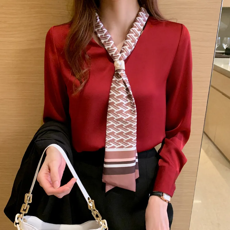 2021 Spring Women's Top White Chiffon Shirt Office V-Neck Temperament Tie Shirt Long Sleeve Foreign Style Tie Oversized Shirt