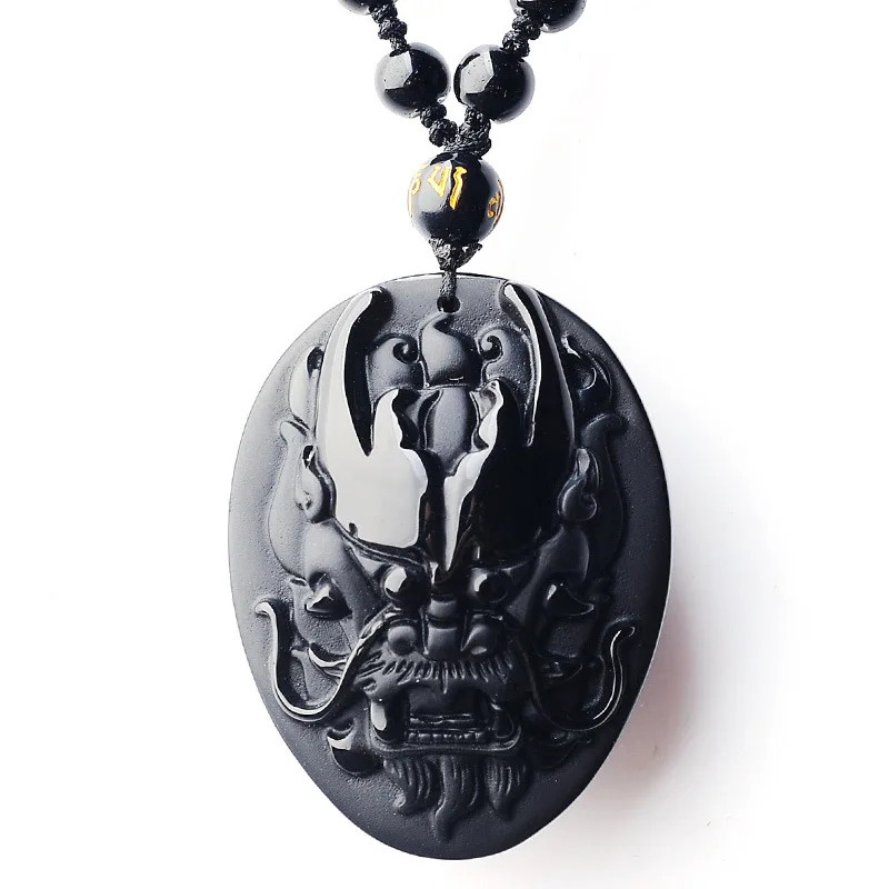 

Drop Shipping Natural Obsidion Stone energy stone Pendant crystal Carved Dragon head mascot Pendant Necklace man's Jade Jewelry