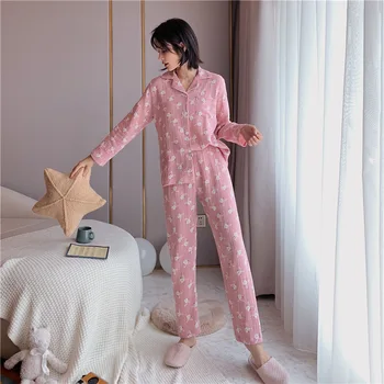 

Pajamas Women's Long-Sleeved Cotton Double-Layer Gauze Leisure Set Ins Sweet Pajamas Confinement Clothing pijamas homewear