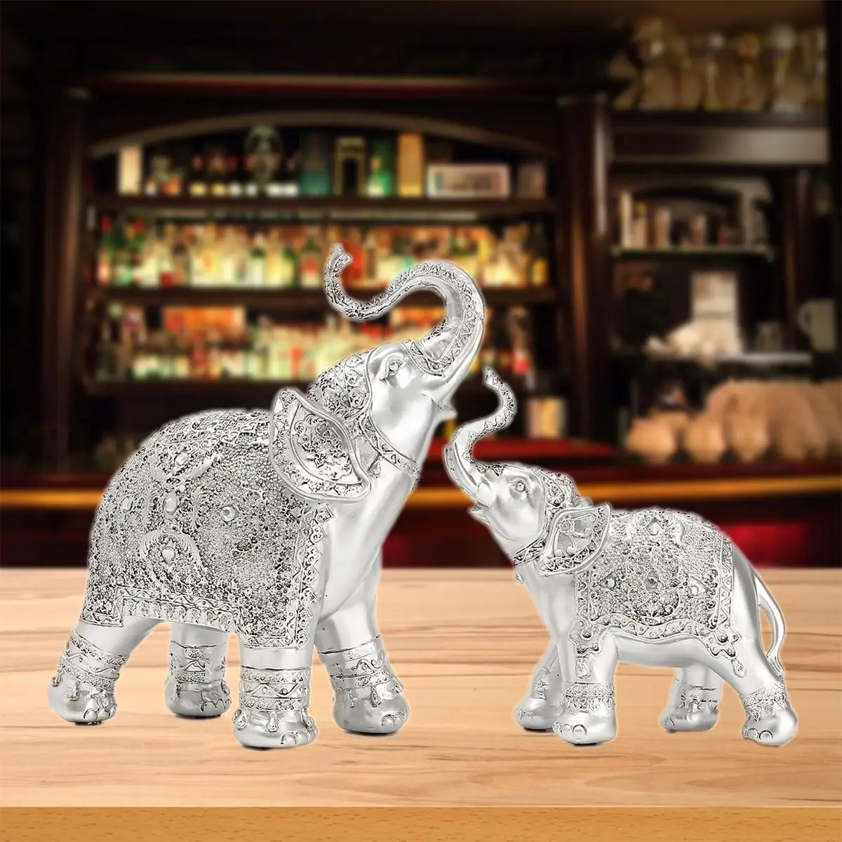 

Fashion 2Pcs/set Silver Polyresin Ornate Elephant Statue Lucky Figurine Sculptures Ornaments for Home Office Decor Crafts Gift
