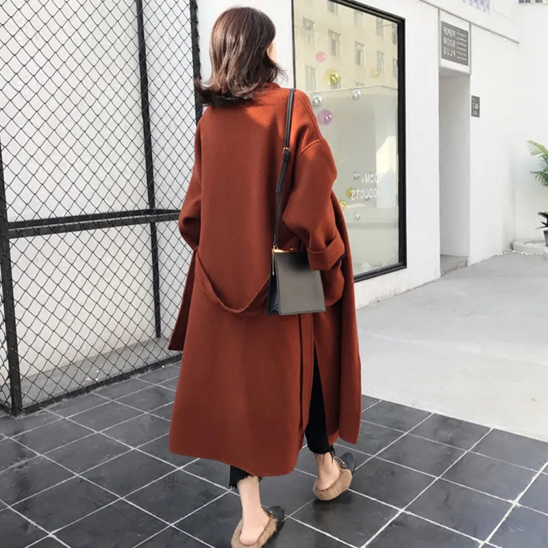 Женское зимнее пальто с длинным рукавом, теплое шерстяное женское элегантное двубортное шерстяное пальто размера плюс, длинное женское пальто