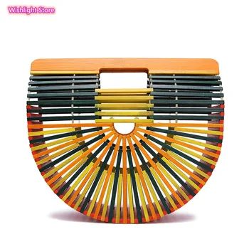 

Women Semi-circular Handbags Handmade Bamboo Wood Woven Beach Bag Retro New Splice Straw Bag Ladies Bamboo Bag