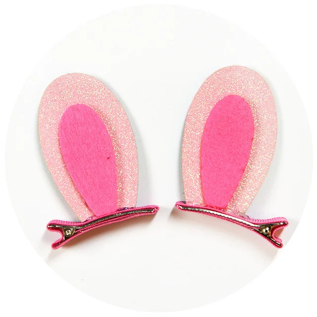 2pcs/Set Cute Hair Clips For Girls Glitter Rainbow Felt Fabric Flowers Hairpins Cat Ears Bunny Barrettes Kids Hair Accessories Ear pink