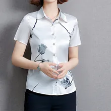 

Women's Shirt Silk Blouses for Women Printed Floral Shirt Short Sleeve Tops White Polo Neck Satin Clothing Woman Basic Shirts OL