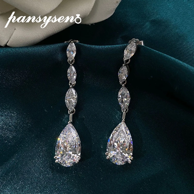 

PANSYSEN Charms 100% Solid 925 Sterling Silver Wedding Jewelry Created Moissanite Gemstone Long Drop Bridal Earrings for Women
