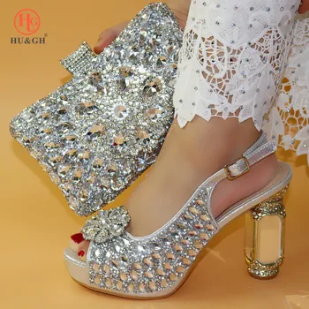 

New Fashion Italian Shoe and Bag Set for Party Silver Color Luxury Shoes Women Designers Nigerian Women Wedding Pumps with Purse