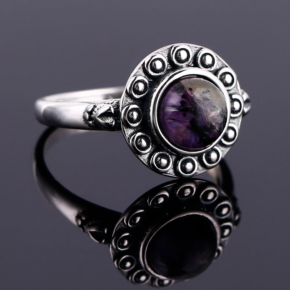 925 Silver Ring Round 7MM Natural Moonstone and Natural Purple Dragon Crystal Retro Heart Ring Engagement Wedding Party Gift