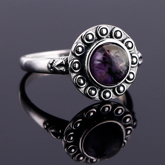 925 Silver Ring Round 7MM Natural Moonstone and Natural Purple Dragon Crystal Retro Heart Ring Engagement Wedding Party Gift R543CB-5