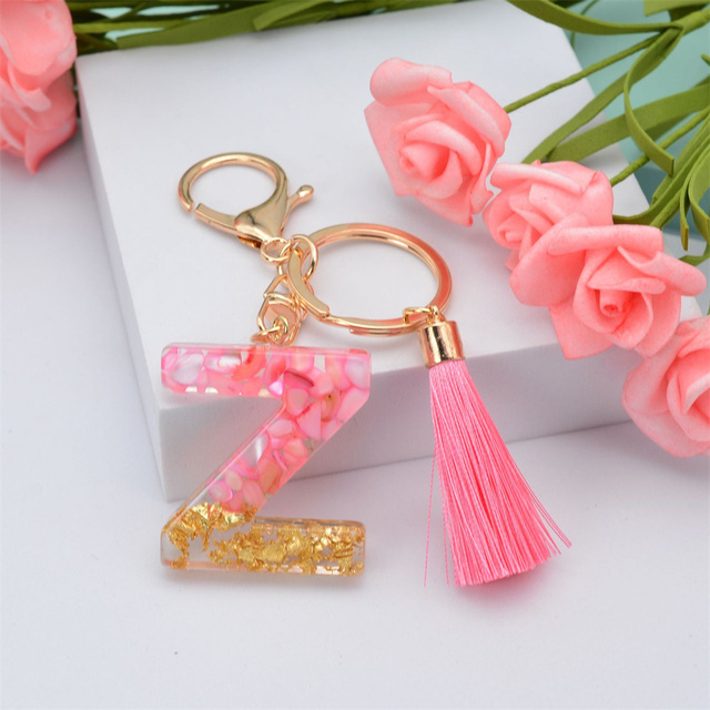 Creative Letter Alphabet Crystal Arylic Liquid Keychain Women Key Chains Ring Car Bag Tassels Pendent Charm Gift Accessory