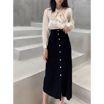 

Women Skirt 2019 Autumn / Winter New Knit Split Metal Buckle Solid Midi Skirt