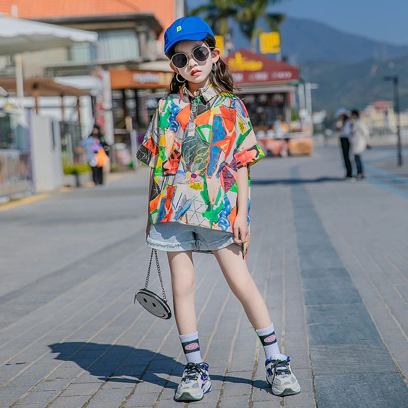 12歳から14歳までの10代の女の子のためのファッショナブルな夏のグラフィティシャツ フラップ付きの襟付きの半袖ブラウス 薄い韓国の子供服 ブラウス シャツ Aliexpress