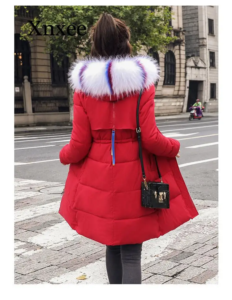 Red White Blue Windproof Warm Casual Women Long Winter Parka Slim Coats Jackets Hooded Pockets Parka Feminina Winter Clothes Fur