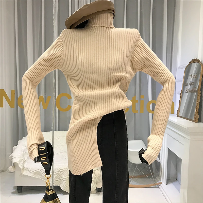 ALPHALMODA Turtle Neck Long-sleeved Irregular Slim Sweater Solid Color Sense Pullover Trendy Women Knitting Jumper