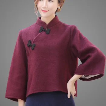 

2020 Chinese Style Traditional Cheongsam Tops for Women Knitted Elegant Outerwear Retro Vintage Plus Size Trench Coat Female