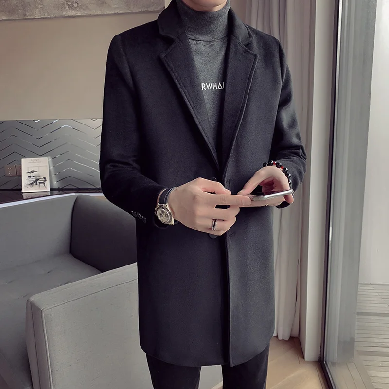 autumn and winter new windbreaker men's long section Korean version of the self-cultivation trend woolen coat youth jacket
